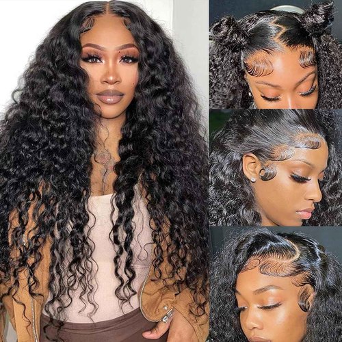 mmiQus Deep Wave Lace Front Wigs Human Hair 13x6 HD Lace Front Wigs Pre Plucked With Baby Hair 180% Density Curly Wigs for Black Women Natural Color 24 Inch