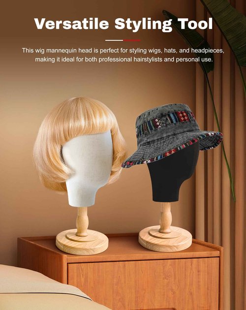 CHADWICK 2-Pack Canvas Wig Head Stand with Detachable Wood Stand, 21 Inch Mannequin Head for Wigs, Hats & Jewelry Display – Professional Foam Block for Salon, Home Use & DIY Projects
