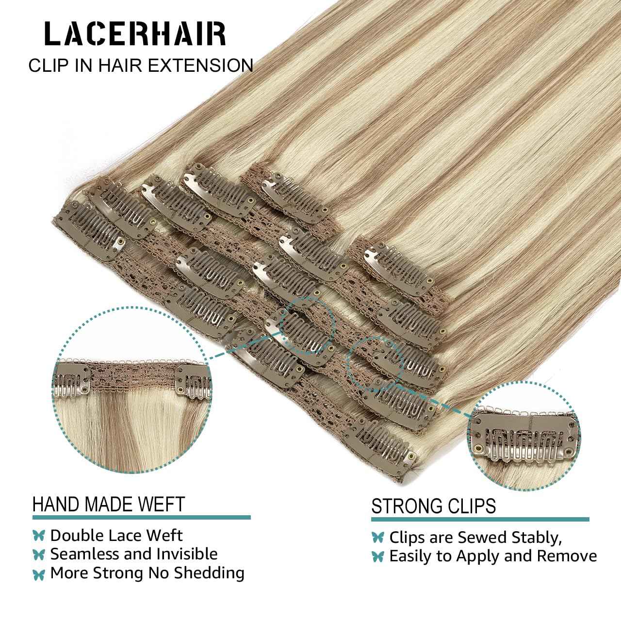 Lacer Clip In Hair Extensions Real Human Hair 20 Inch Light Brown Highlighted Platinum Blonde Thick Silky Straight Remy Human Hair Clip in Extensions 7 Pieces 120 Gram