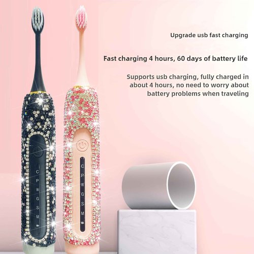 VFUIFRYI Electric Toothbrush for Woman Black Bling Diamond Decor Everyday Luxury Limited Edition Portable Travel Essentials for Women Black Toothbrush with 3 Replacement Heads 6 Modes