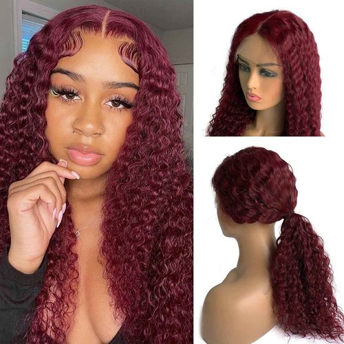 Licoville 99J Burgundy Lace Front Wigs Human Hair Middle Part Deep Wave HD Lace Frontal Wigs for Black Women Pre Plucked Dark Red Short Curly Human Hair Wig 12 Inch 180% Density