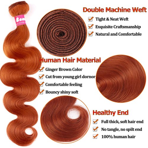 10A Bundles with Closure Human Hair Body Wave Ginger Bundles-12 14 16+12Inch, Unprocessed Raw Brazilian Human Hair Quick Weave Bundles with Free Part Lace Closure 350 Ginger Brown Color