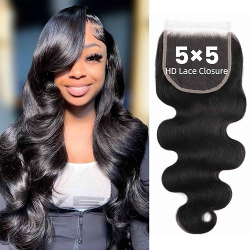 5x5 SKINLIKE 100% Real HD Lace Closure Body Wave Human Hair Closure 0.095mm Ultra-thin Invisible Swiss HD Lace Closure Pre Plucked Small Single Knots Brazilian Virgin Human Hair Closure 22inch