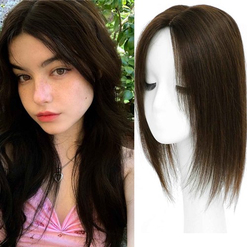 RMYHIG Hair Toppers for Women Real Human Hair, 360° 3D Human with Thinning Upgrade Middle Part Clip in Bangs Topper Hair Pieces for Women Daily (Mocha Brown, 14 Inch-3D-Side)