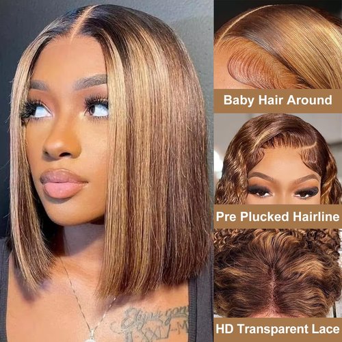 Thogriy 4/27 Honey Blonde 13x4 Bob Wig Human Hair 180% Density HD Transparent Lace Front Wigs Human Hair Short Bob Pre Plucked Straight Wigs Human Hair for Women 16 Inch