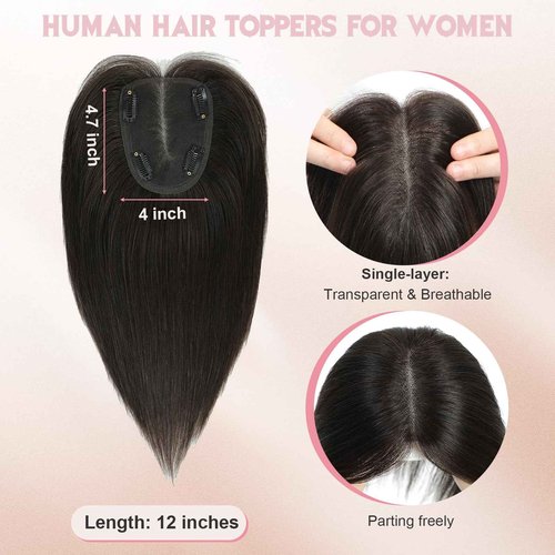 FU SHEN Hair Toppers for Women Real Human Hair 12inch Professional Grade 10X12CM Swiss Base Hairpiece for Thinning Hair Breathable Human Hair Topper Clip in Toppers(2#)