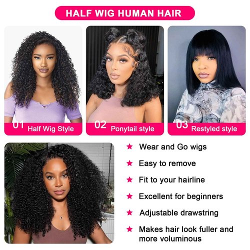 bituylnd Kinky Curly Half Wig Human Hair Glueless Human Hair Wig 200 Density 3 In 1 Seamless Flip Over Half Wigs Human Hair Drawstring Headband Wig for Women 18 Inch