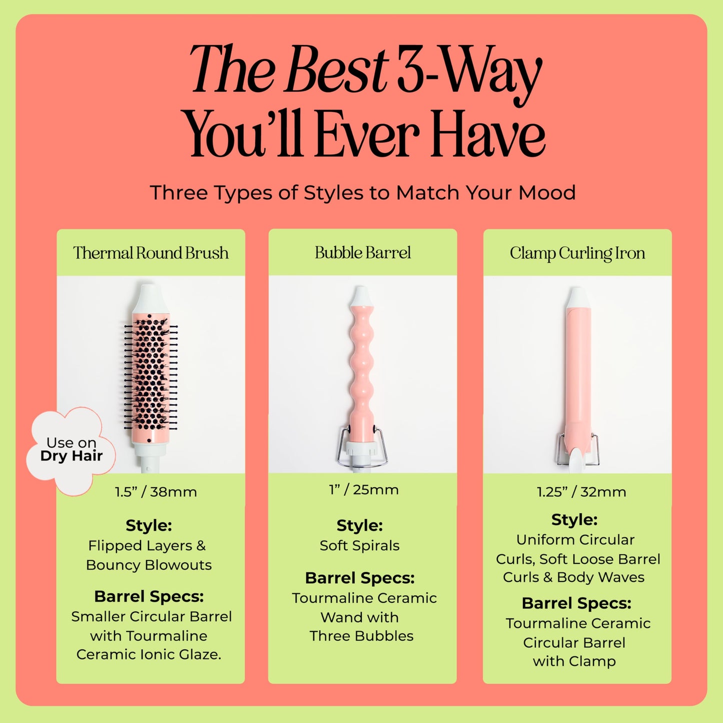 INH Hair 3-in-1 Quick Change Styler | Interchangeable Styling Tool with 3 Detachable Heads: Thermal Round Brush, Clamp Curling Iron, and Bubble Barrel