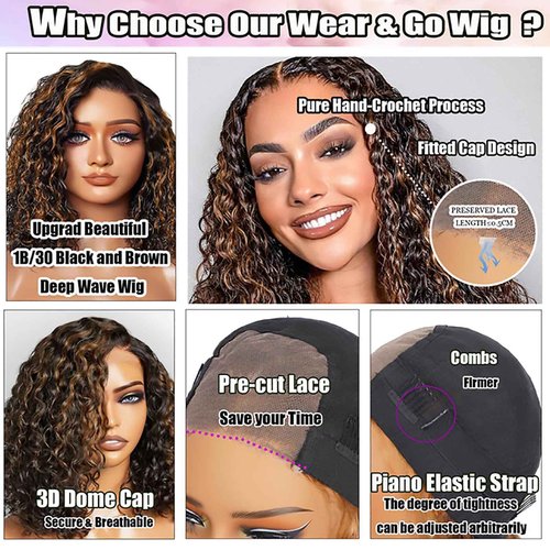 yosly Glueless Wigs Human Hair Pre Plucked Pre Cut Bob Wig Human Hair Deep Wave Bob Wig Curly Human Hair Wig For Black Women Natural Hairline Wigs Human Hair Glueless Wear and Go 1B/30 14Inch