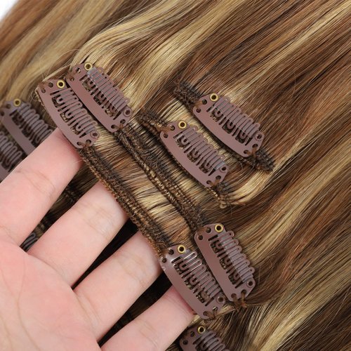 Clip in Hair Extensions Real Human Hair 7pcs 120g Straight Hair Extensions 20 Inch Chestnut Brown to Light Blonde Thick Remy Extensions Straight