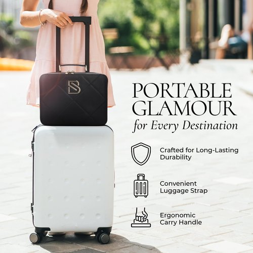 BAREZ Premium PU Leather Makeup Bag With LED Mirror - 3 Brightness Mirror Light Settings - Adjustable Dividers - Removable Mirror Waterproof Cosmetic Travel Bag (Black)