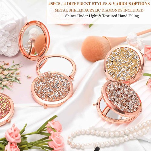 Cindeer 48 Pcs Small Compact Mirror Folding Pocket Makeup Round Hand Held Cosmetic Magnifying Compact Rhinestone Mirror with 1X/2X Magnification for Women Girls Travel (Classic Colors)