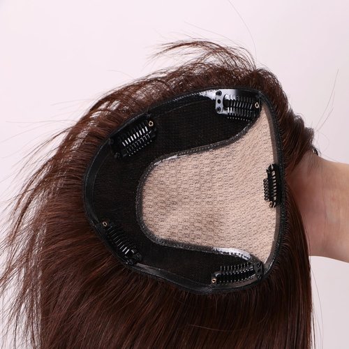 Mysyty Medium Brown Hair Toppers Real Human Hair for Women with Thinning Silk Base Crown Topper No Bangs Clip in Hair Toppers for Women12 Inch #4