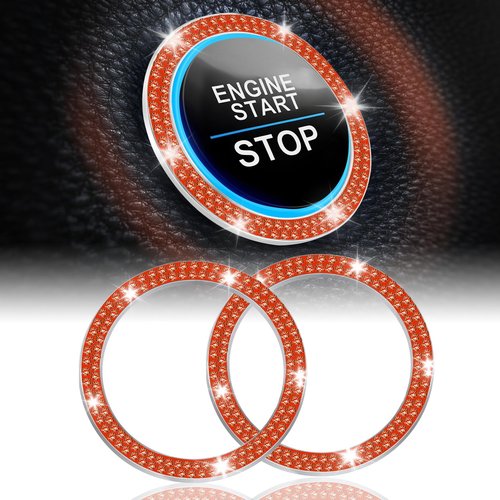 LivTee 2 PCS Crystal Double Rhinestone Car Engine Start Stop Decoration Ring, Bling Car Interior Accessories for Women, Push to Start Button Cover Sticker, Automotive Decals, Reddish Orange
