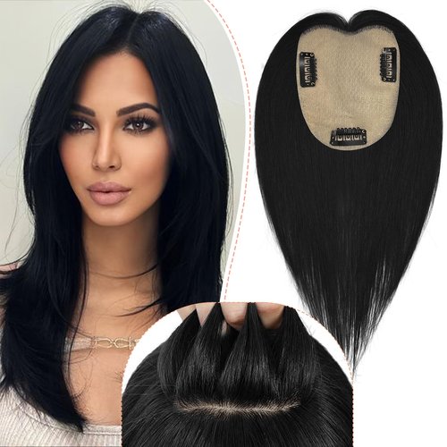 POWERASIA Real Human Hair Toppers for Women - No Bangs Wiglets, Upgrade 3.9x4.7Inch Silk Base Clip ins, 150% Density Remy Hair Wig Topper #1 Jet Black