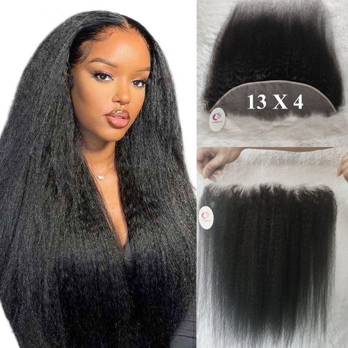Forawme Brazilian Virgin Kinky Straight Human Hair Pre Plucked Full Lace Frontals Pieces 20 Inch 1B Natural Color 13X4 Ear To Ear Lace Frontal Closure With Baby Hair