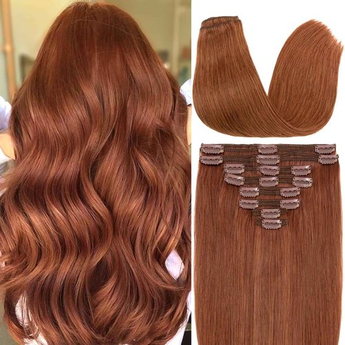 S-noilite Dark Auburn Clip in Human Hair Extensions 100% Remy Hair Thick True Double Weft Clip in Hair Extensions Full Head 8 Pieces 18 Clips Straight Silky (16 Inch - 130g,Dark Auburn (#33))