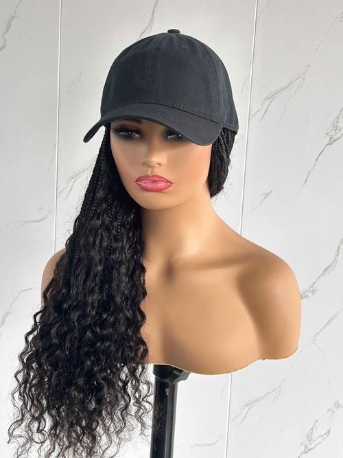 Hats Bohemian Crochet Boho Box with Human Hair Curly Ends Braids Hair Extensions Baseball Cap Wig With Braided Hair Cap Wig For Women Natural Color