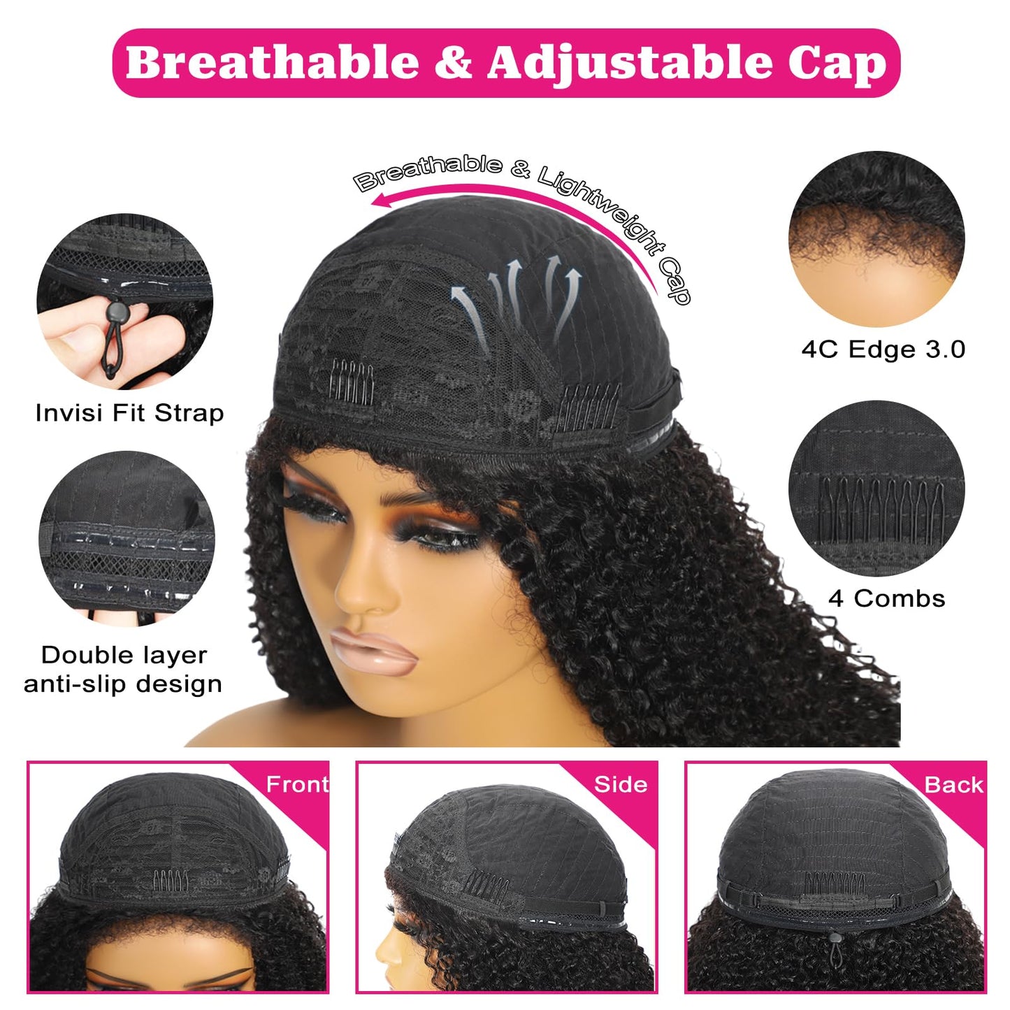 Kinky Curly Half Wig Human Hair 220% Density 3 In 1 True To length Flip Over Curly Edges Drawstring Half Wigs For Black Women Glueless Wear Go Afro Curly Headband Wigs For Beginner Friendly 16 Inch