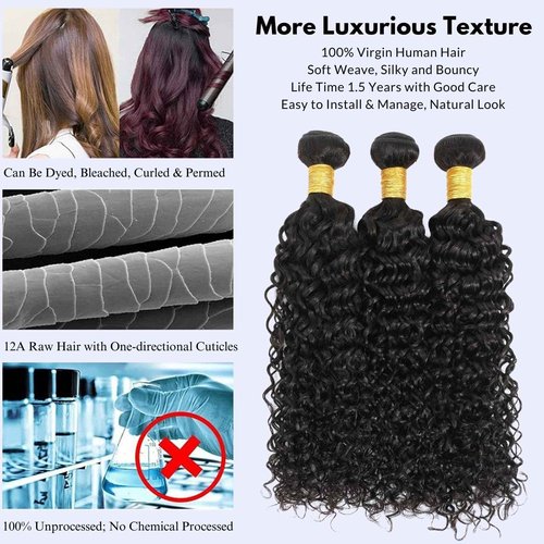 MOMOSHERO Water Wave Human Hair Bundles Curly Bundles, Natural Black Wet And Wavy Human Hair Bundles Sew In Weave, Soft & Shed-free 12A 100% Brazilian Virgin Remy Hair 3 Bundles 16 18 20Inch