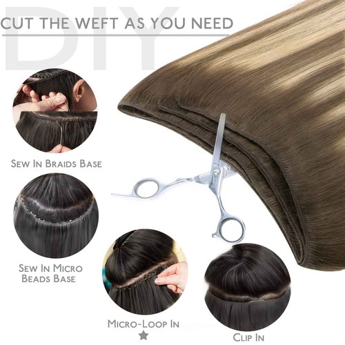 WENNALIFE Sew in Hair Extensions Real Human Hair, 20 Inch 100g Balayage Chocolate Brown to Caramel Blonde Machine Weft Remy Hair Hand Tied Weft Straight Extensiones De Cabello Hmano