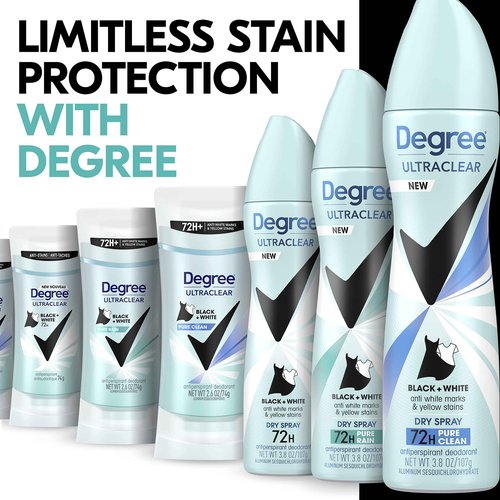 Degree UltraClear Black+White Antiperspirant Deodorant Dry Spray Anti-White Marks and Yellow Stains Pure Clean Antiperspirant for Women 3.8 Ounce (Pack of 12)