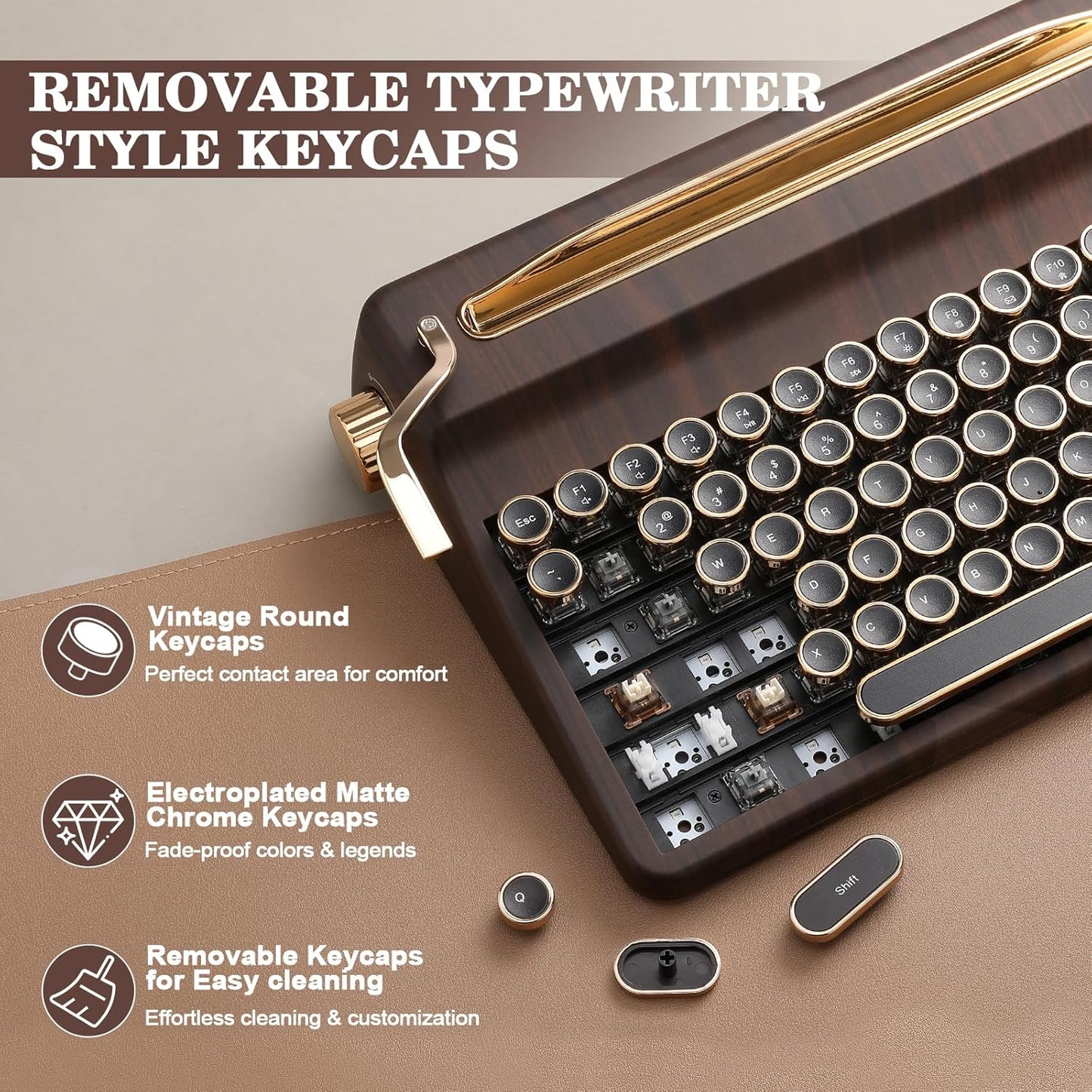 YUNZII QL75 Wireless Typewriter Hot Swap Retro Mechanical Keyboard,Punk Round Keycaps,RGB Backlit QMK/VIA Programmable, Multi-Device Keyboard with 2.4GHz/Type-C/BT5.0 (Green, Cocoa Cream V2 Switch)