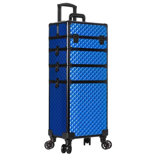 AROUS Rolling Makeup Train Case 4 in 1 Cosmetology Case on Wheels Large Storage Cosmetic Trolley with Key Salon Barber Case Traveling Cart Trunk, Blue