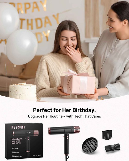 MESCOMB Dual Voltage Ionic Hair Dryer with Diffuser - 1875W High-Speed Blow Dryer for Women, Fast Drying, No Heat Damage, Low Noise, Lightweight, European Travel 110V-120V/220V-240V, Gifts for Women