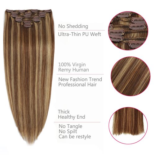 Clip in Hair Extensions Real Human Hair 7pcs 120g Straight Hair Extensions 20 Inch Chestnut Brown to Light Blonde Thick Remy Extensions Straight