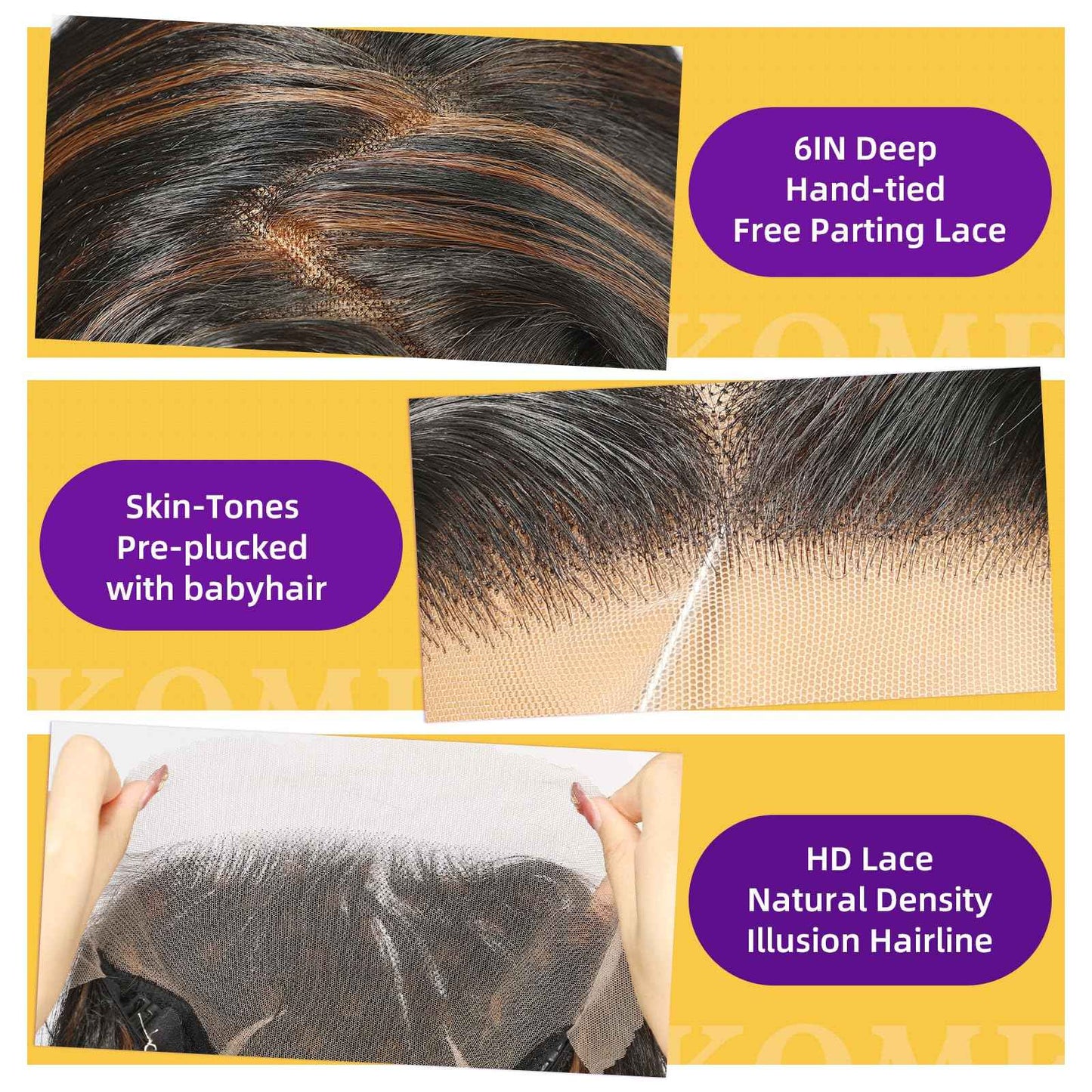 KOME Black Brown Highlight Synthetic Lace Front Wig,13X6 HD Long Straight Glueless Wig for Women Daily Use 20IN（1B/30）