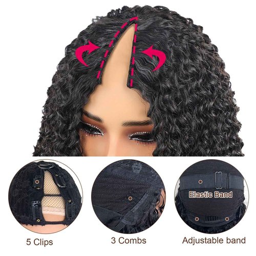 Wosama V Part Wig Human Hair curly Upgrade U Part Wig for Black Women Kinky curly Glueless Clip In Half Wig No Leave Out Wigs 180% Natural Color 22inch