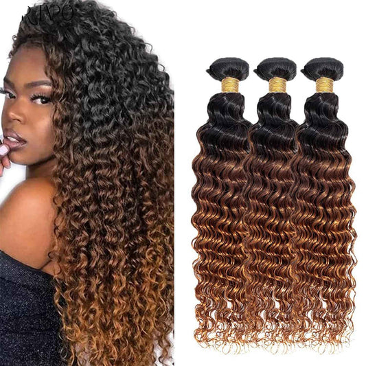 Giginger Bundles Human Hair T1B/4/30 Omber Deep Wave Human Hair Bundles 26 28 30 Inch Omber Black Chocolate Light Brown Unprocessed Quick Weave Soft Sewn In Hair Extensions for Black Women