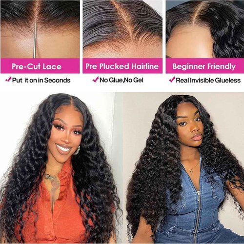 Bugtum Deep Wave Curly 5x5 Hd Lace Closure Glueless wigs Human Hair Pre Plucked Pre Cut Wear and Go Lace Front Wigs for Black Women Natural Black (28 Inches)