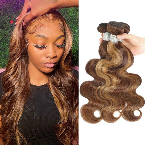AUROO #P4/27 Honey Blonde Highlighted Body Wave Bundles Human Hair, 12A 100% Virgin Ombre Brown Brazilian Wavy Weaves Thick Track 3 Balayage Colored Human Hair Bundles Sew In Soft Remy 12 14 16 Inch