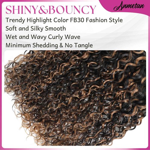 Anmetan Highlight F1B30 Honey Blonde Brown Curly Bundles Water Wave Human Hair, Thick 12A Black with Brown Highlight Unprocessed Human Hair Wet and Wavy 3 Bundles Wavy 10/12/14 In