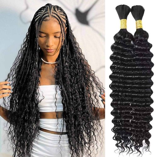Deep Wave Bulk Human Hair for Braiding 100% Unprocessed Brazilian Virgin Human Hair for Boho Knotless Braids 100g 28 Inch Human Hair Braiding Hair 1B Braiding Hair No Weft