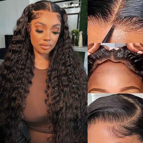 Potoki Glueless Wigs Human Hair Pre Plucked Pre Cut Deep Wave Lace Front Wigs 4x4 Closure Wigs 150% Density Natural Black Color (26 Inch)