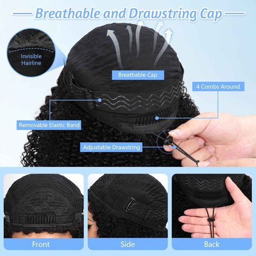 CUMASE Kinky Curly Half Wig Human Hair 200 Density 3 In 1 Seamless Flip Over Half Wig 20 Inch Glueless Wig with Drawstring No Lace for Women Beginner Friendly