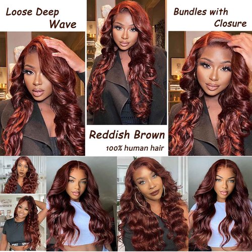 Loose Deep Wave Bundles Human Hair with Closure, 12a Reddish Brown Bundles with 4x4 Lace Closure 33# Copper Red Bundles Human Hair (Loose Deep Wave 14 16 18+14free)
