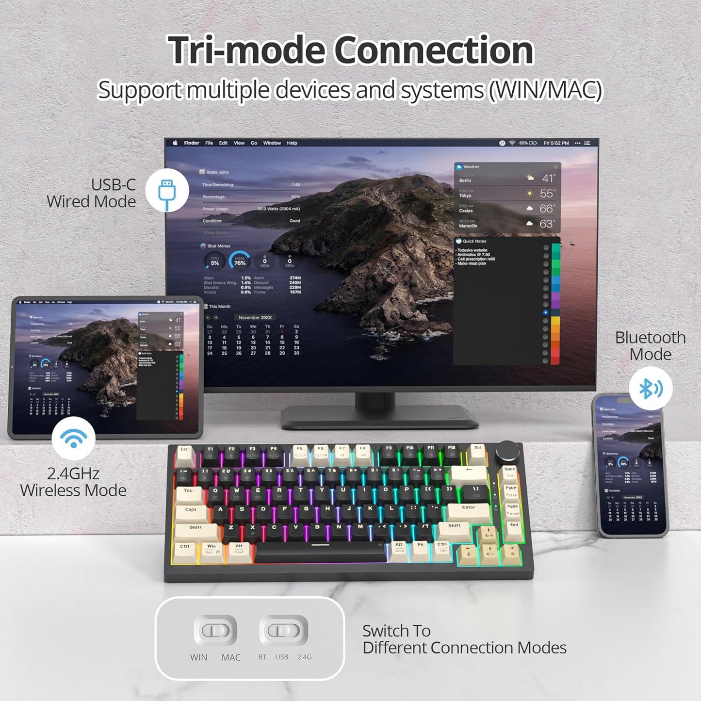 400PRO 75% Wireless Black Blue Gaming Keyboard, Gasket Hot Swappable RGB Mechanical Keyboard, Bluetooth/2.4GHz/USB-C Thocky Keyboard with Pre-lubed Cream Grey Switches (82 Black Blue-B)