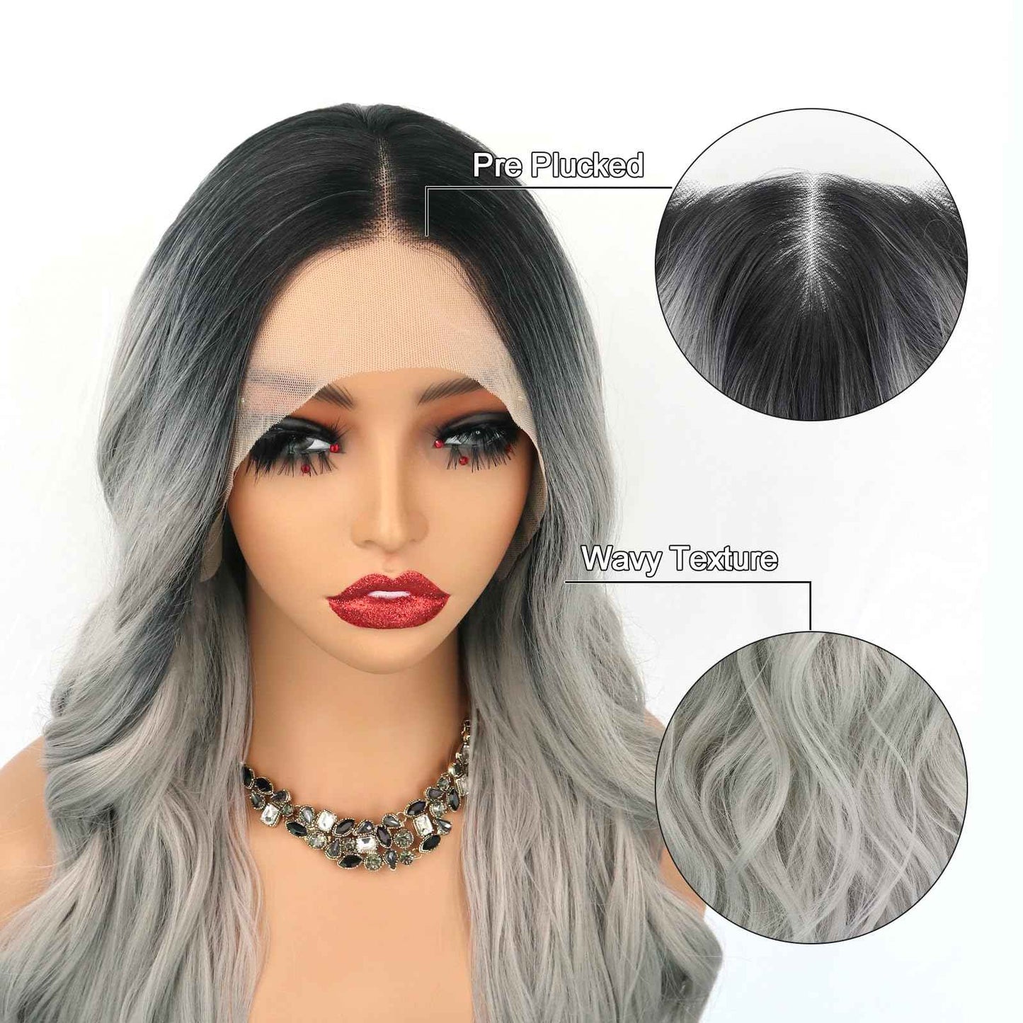 Oxeely Ombre Gray Synthetic Lace Front Wigs Long Wave Wigs Natural Looking Glueless Synthetic Lace Wigs Heat Resistant Fiber Hair Ombre Silver Gray Wigs for Women Daily Use