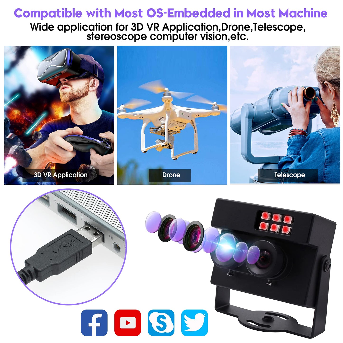 1080P USB Camera Dual Lens Day Night Vision Webcam with IR LED for Computer and Raspberry Pi WDR PC Camera Mini UVC USB2.0 Web Camera Auto IR Infrared USB Security Camera HD AR0230 USB with Camera