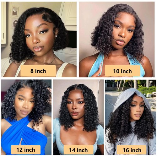 Curly Bob Wig Human Hair 13x4 Deep Wave HD Lace Front Wigs Human Hair 220% Density Short Curly Wet And Wavy Human Hair Wigs for Black Women Glueless curly Wig With Baby Hair (Natural Black, 16 Inch)
