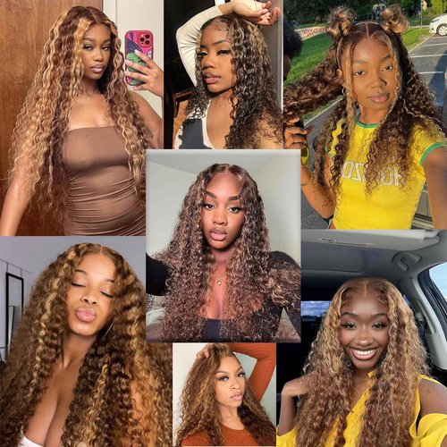 Highlight Bundles Human Hair with Closure 4/27 Ombre Brown 10a Deep Wave 12 Inch 4x4 Lace Closure with 4Bundles 12" 14" 16" 18"
