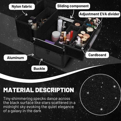 HAISKY Large Makeup Train Case Cosmetic Organizer Case Makeup Box Portable Make Up Artist Travel Case with 4 Trays with Dividers Lockable Hard Train Case Nail Tech Supply Storage - Starry Black