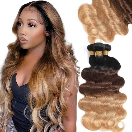 Kapelli Ombre Human Hair Bundles Body Wave (T1B/4/27,18" 20" 22") 10A 100% Brazilian Virgin Remy Hair Bundles 3 Tone Black to Blonde Human Hair Weave