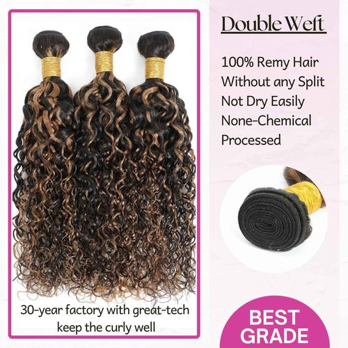 Anmetan Highlight F1B30 Honey Blonde Brown Curly Bundles Water Wave Human Hair, Thick 12A Black with Brown Highlight Unprocessed Human Hair Wet and Wavy 3 Bundles Wavy 10/12/14 In