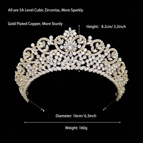 Gold Quinceanera Crown Heart Shaped Zirconia Diamond Princess Pageant Queen Wedding Tiara for Bride Bridal Hair Accessories
