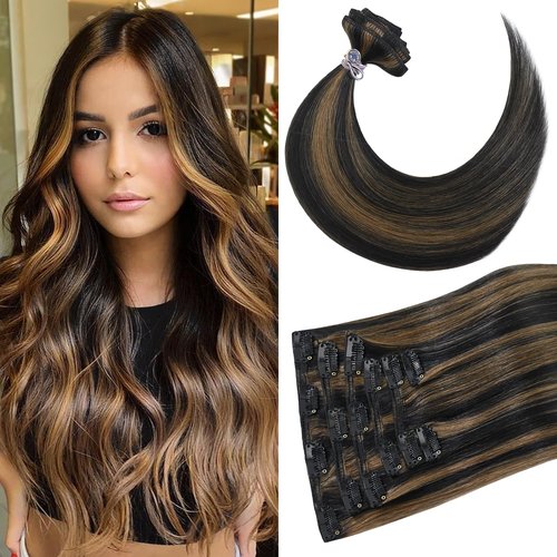 Newfeeling Clip in Hair Extensions Real Human Hair 22 inch 75g Straight Remy 100% Human Clips ins Extension #1BP6 Remy Hair Extensions Clip ins for Women